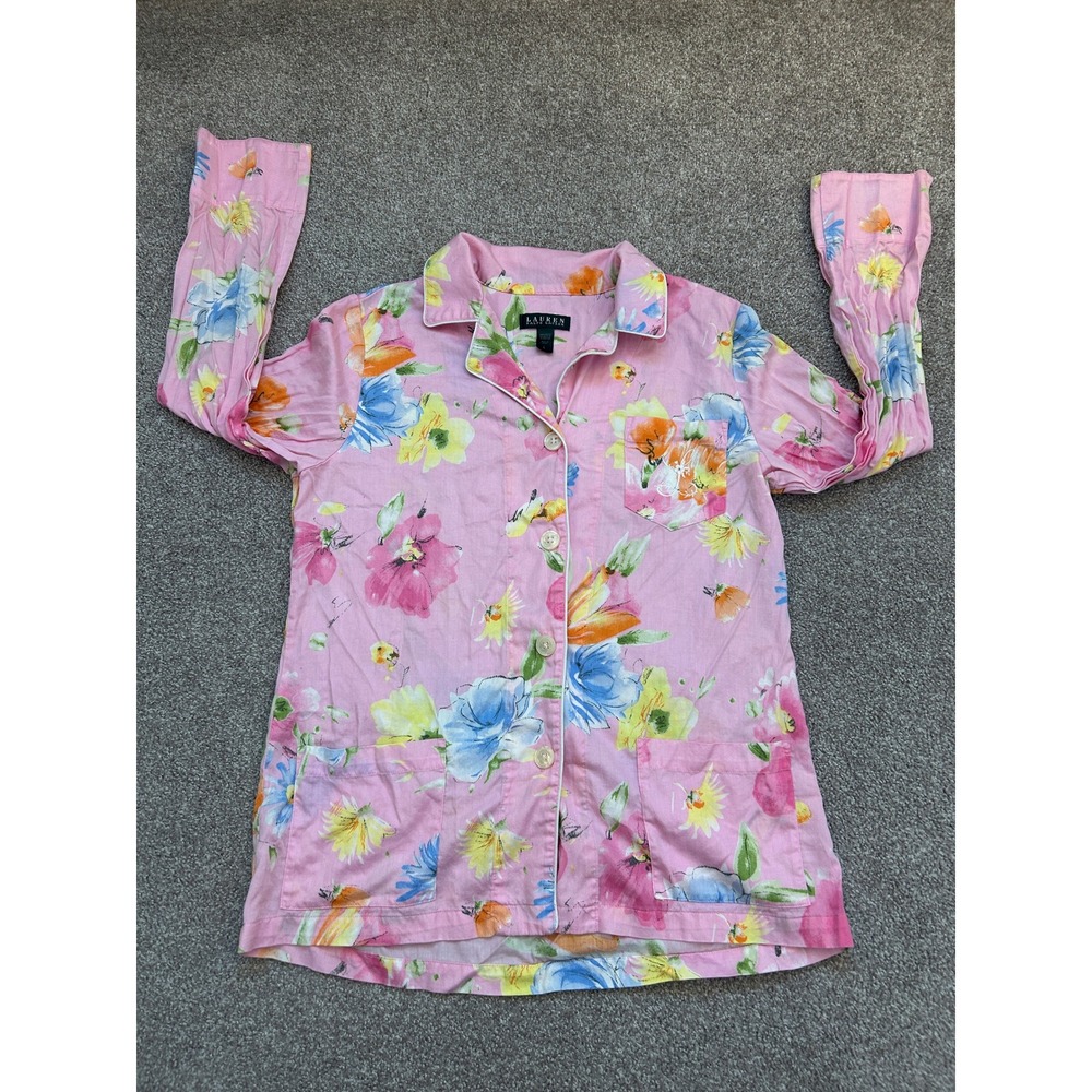 Lauren Ralph Lauren Pajama Top Womens L Pink Floral Cotton Button Up Excellent